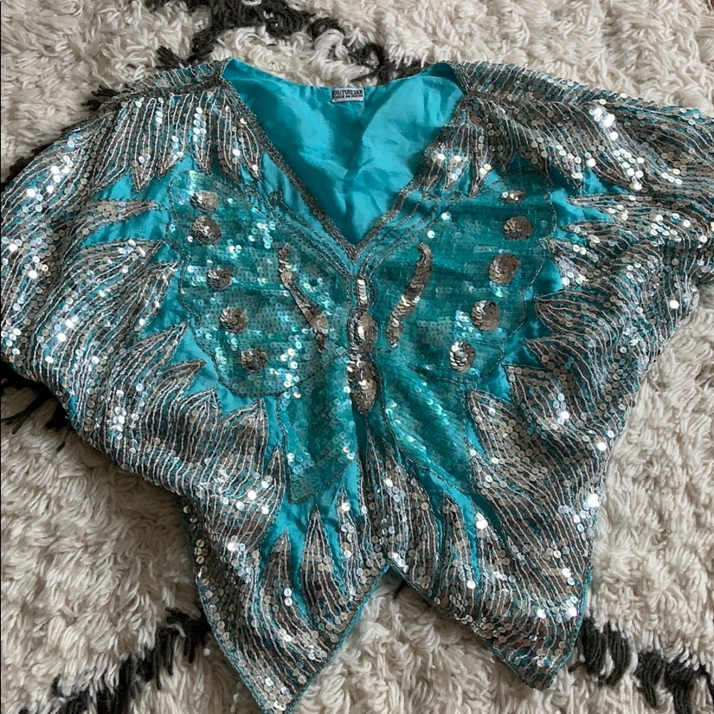 Vintage blue sequin butterfly dolman top